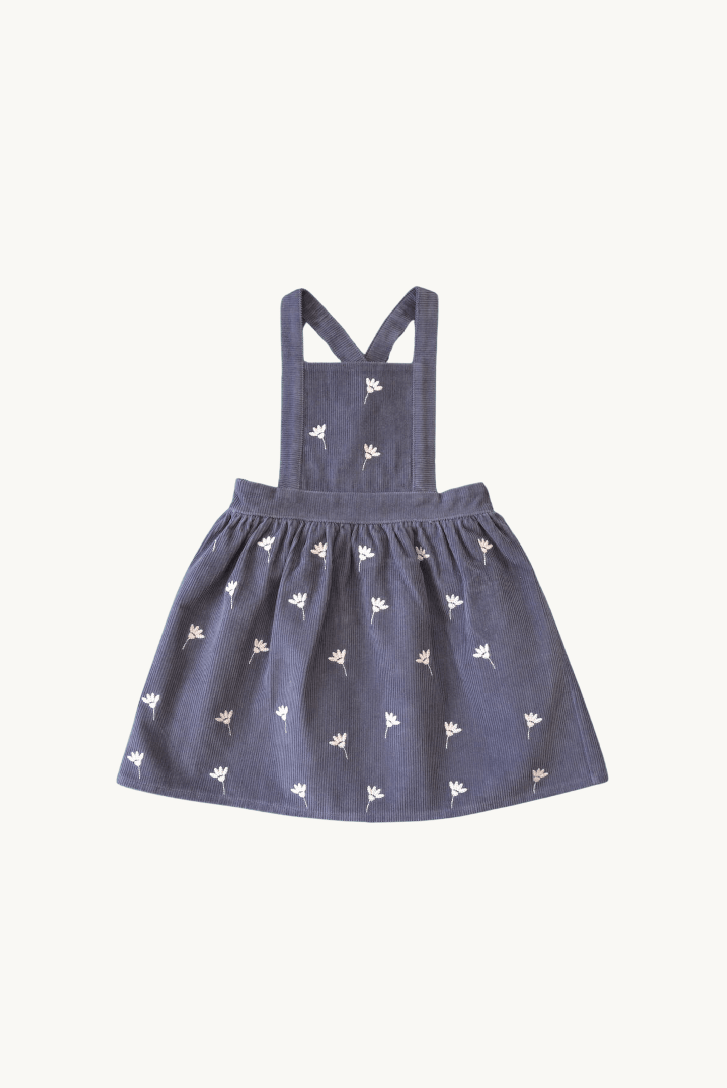 Gaia Dress – Stone Blue Corduroy, Floral Embroidery, Adjustable Straps, 100% Cotton OEKO-TEX