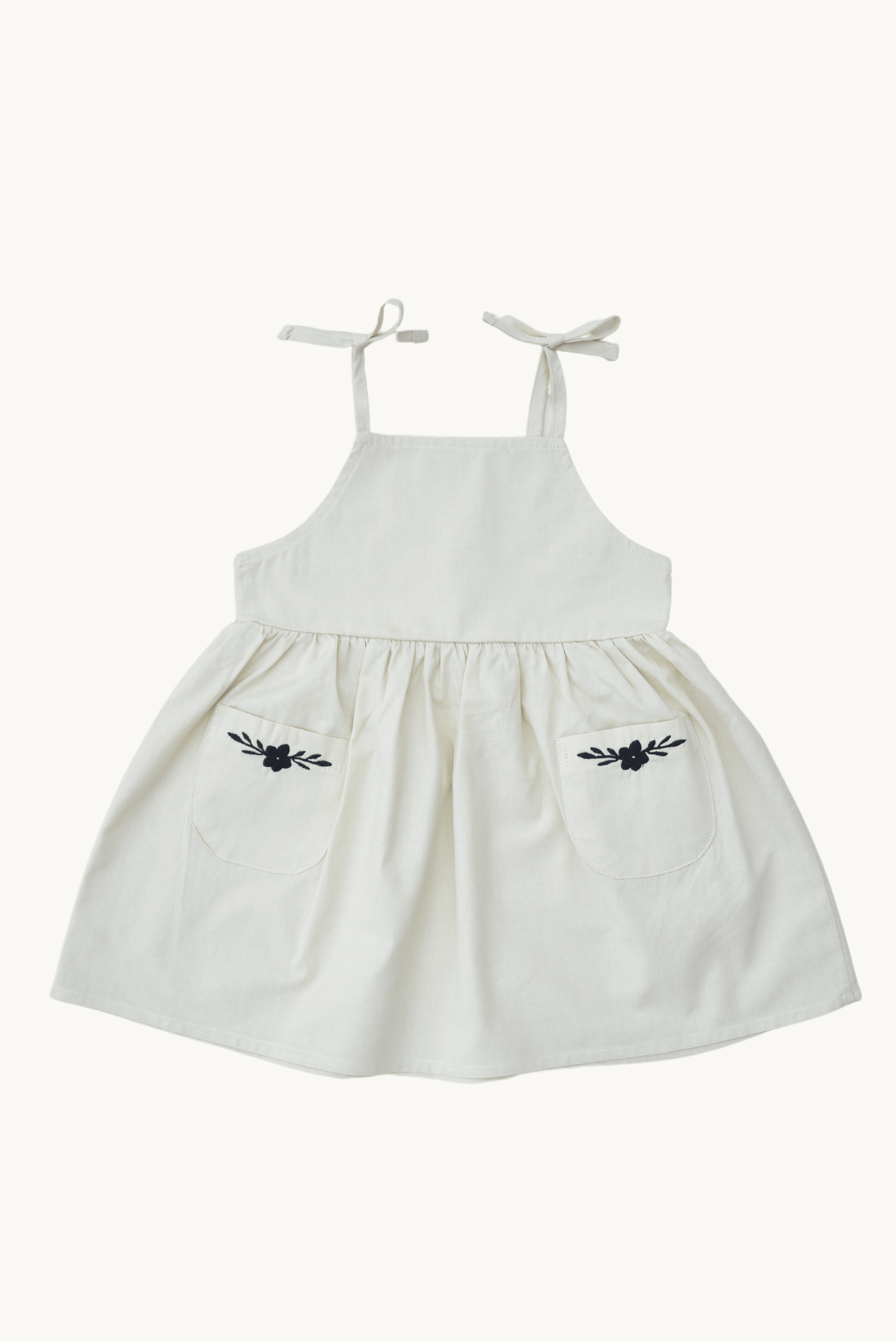 ESTELLE Dress – Beige Cotton with Embroidered Pockets