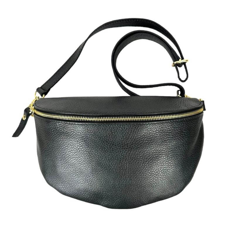 Italian leather crossbody bum bag with adjustable strap, secure zip closure, and structured design for everyday use.
