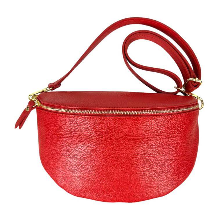 Italian leather crossbody bum bag in vibrant red with adjustable strap and secure zip closure, perfect for modern women.