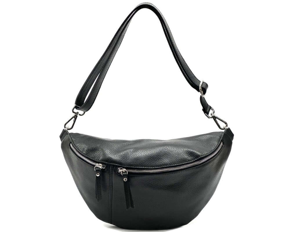 Nova Crossbody Fanny Pack in black leather with adjustable strap and zipper detailing, handmade and stylish.